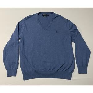 Polo Ralph Lauren Pima Cotton V Neck Sweater Mens Size L Blue Pullover